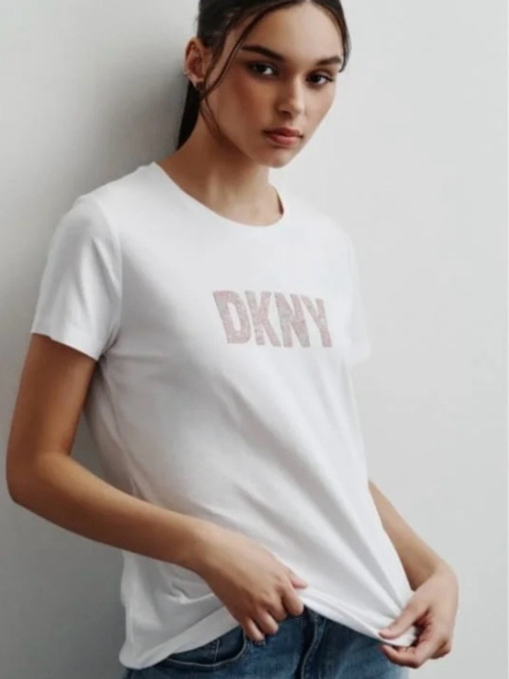 2 DKNY White and Pink Logo Short Sleeve Tees with Pink Glitter Lettering
